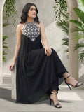Black halter-neck A-line kurta featuring delicate white floral embroidery with matching solid trousers.