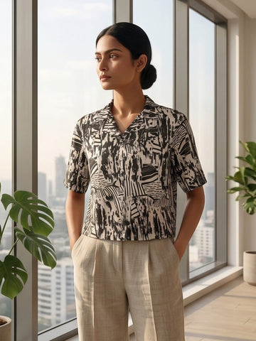 Black Coloured Short Sleeves Shirt Collar Top