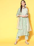Varanga Women Sea Green Embroidered Kurta Paired With Tonal Trouser And Dupatta