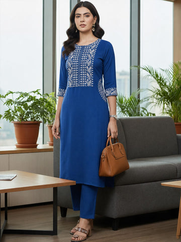 Women Blue Shirt-Style Kurta With Trousers