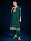Graceful Green 3-Piece Set Featuring A Zari-Embroidered Kurta, Solid Ankle-Length Trousers, And An Elegant Embroidered Dupatta.