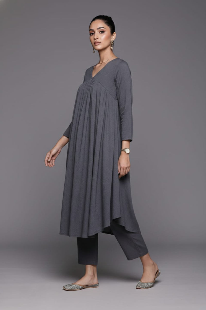 Varanga Women Grey Empire Gathered Details A-Line Kurta Paired With Tonal Bottom