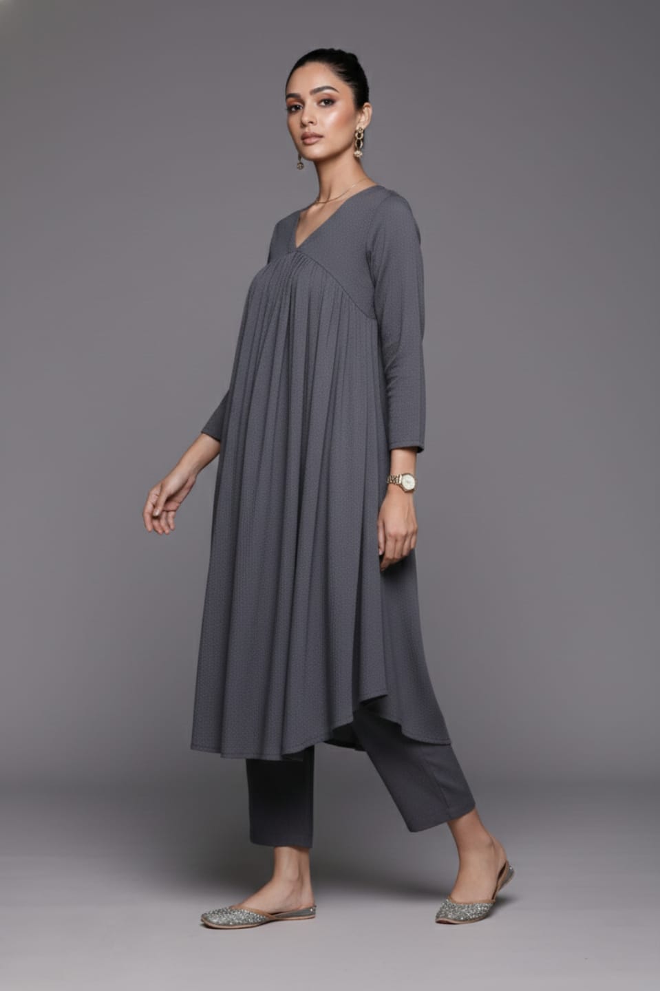 Varanga Women Grey Empire Gathered Details A-Line Kurta Paired With Tonal Bottom