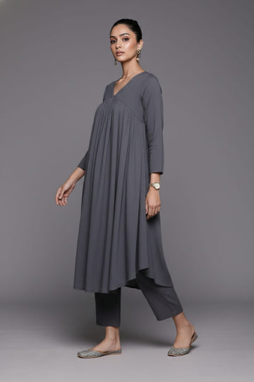 Varanga Women Grey Empire Gathered Details A-Line Kurta Paired With Tonal Bottom