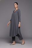 Varanga Women Grey Empire Gathered Details A-Line Kurta Paired With Tonal Bottom