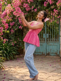 Varanga Women's Fuchsia Pink Floral Block-Print Peplum Top
