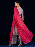 V Neck Kurta With Lace Detailing, Paired With Solid Trousers And A Contrasting Fuchsia Dupatta.