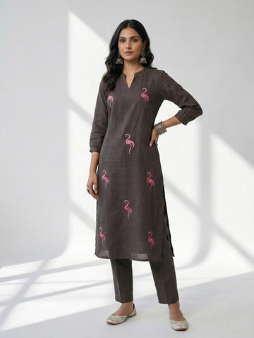 Bird of Grace Embroidered Charcoal Kurta Set