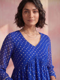 Women's Blue Bandhani Print Peplum Top With V-Neck And Gota Work Detailing