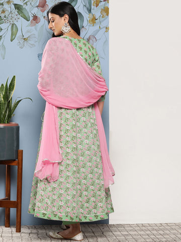 Varanga Pista Green Women Floral Printed Empire Gotta Patti Pure Cotton Kurta Set