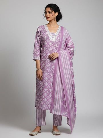 Varanga Women Floral Printed V Neck  Kurta with Trouser & Dupatta
