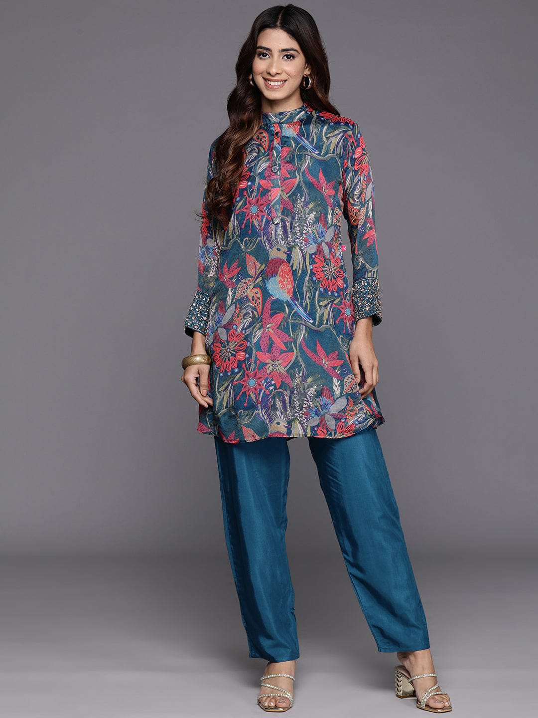 Varanga Women Blue Floral Printed Embroidered Cuff Co-Ord Set