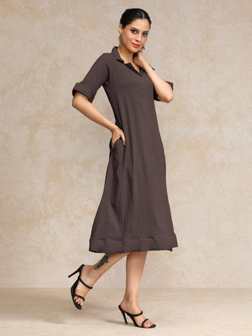 Varanga Women Beige Shirt Collar A Line Dress