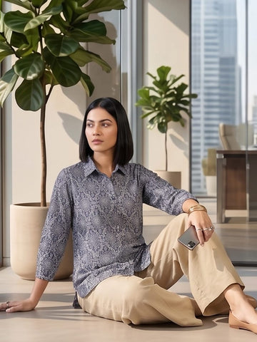 Navy Coloured Slim Collar Long Sleeves Floral Shirt
