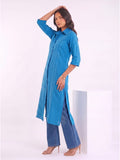 Blue Shirt-Style Kurta Elevated With Chic Contrast Stitch Detailing.