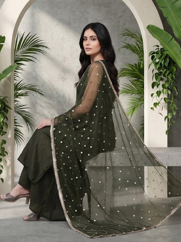 Varanga Women Olive Green Lace Embellished Sleeveless Straight Kurta Paired With Tonal Plazzo And Dupatta
