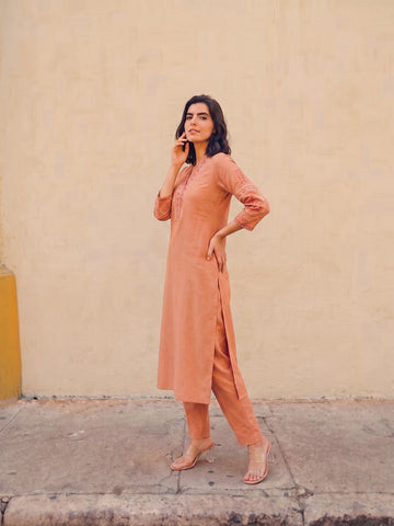 Elegant Embroidered Rust Kurta Designed For Effortless Everyday Sophistication.