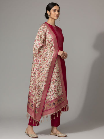 Varanga Women Pink Woven Zari Embroidered Straight Kurta With Bottom And Dupatta