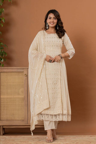 Varanga Women Floral Embroidered Panelled Mirror Work Pure Cotton Kurta with Trousers & Dupatta