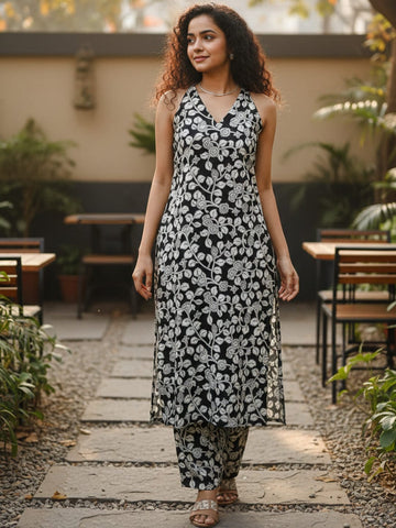 Sleeveless halter-neck floral kurta set in black and white tone, styled with printed full-length trousers.