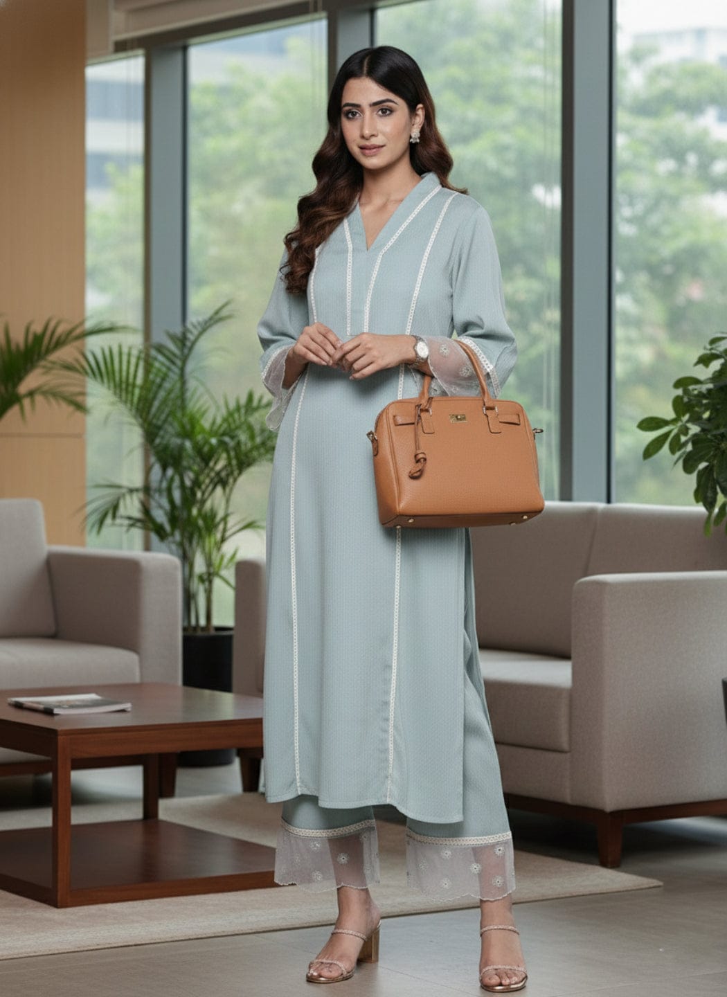 Varanga Women Sea Green Organza And Lace Detailed Kurta Set