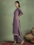 Varanga Women Elegant Three-Piece Brown Shimmer Kurta Set With Sequin Detailing, Solid Ankle-Length Trousers, And An Embroidered Dupatta