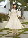 Women's Cream Embroidered A-Line Anarkali Kurta and Wide-Leg Trouser Set