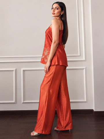 Varanga Women Floral Embroidered Regular Thread Work Silk Crepe Top with Palazzos