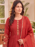 Rust Embroidered Kurta Set, Paired With Tonal Trousers And Dupatta.