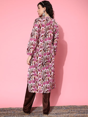 varanga women pink floral printed puff sleeves kurta