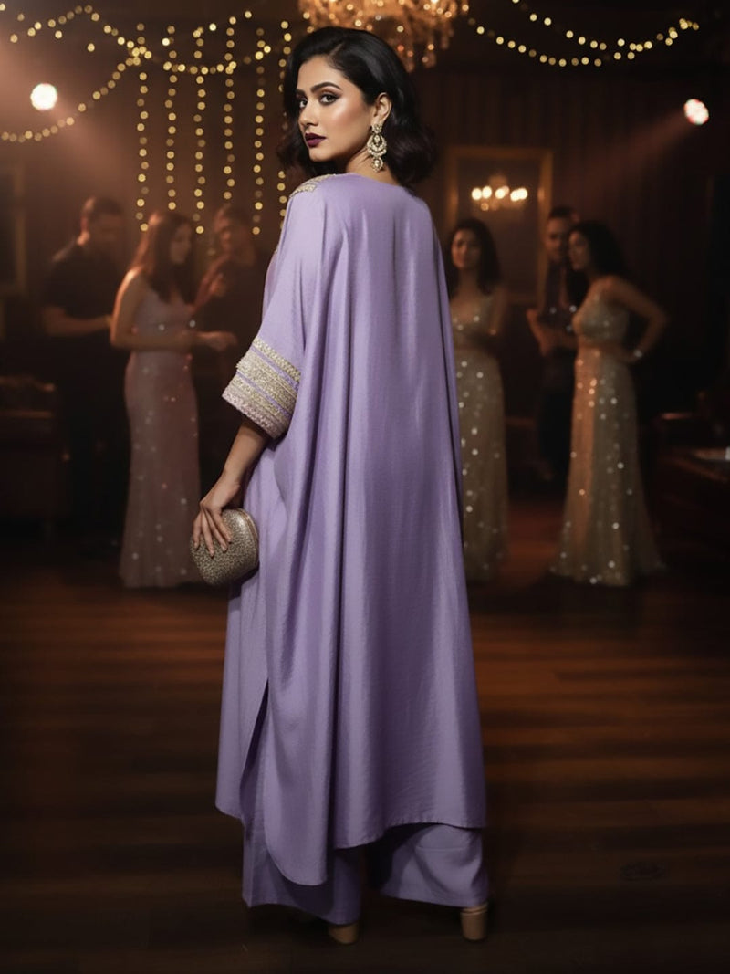 Zari Embroidered Lace Neck Flared Kaftan with Trouser