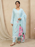 Varanga Women Sky Blue Straight-Fit Kurta With Printed Dupatta