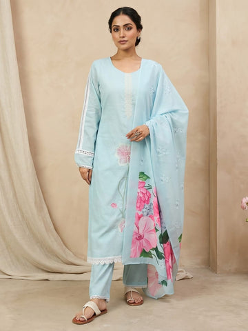 Varanga Women Sky Blue Straight-Fit Kurta With Printed Dupatta