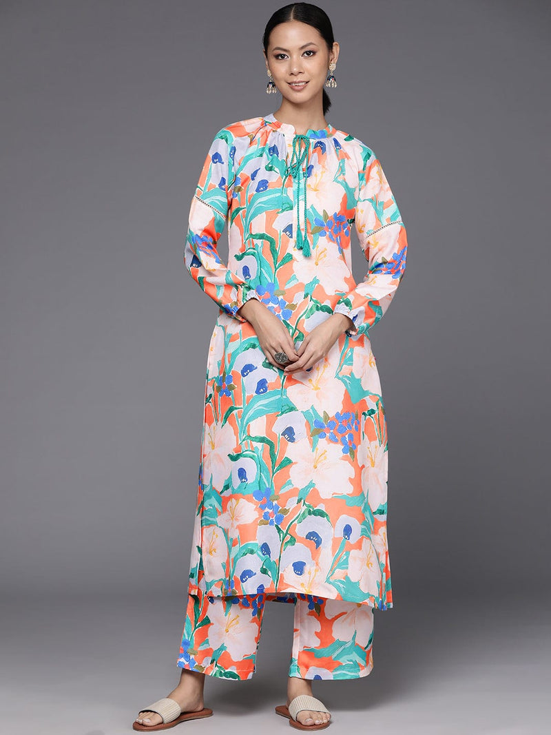 KSUT Women Orange Floral Printed Straight Kurta Paired With Printed Bottom