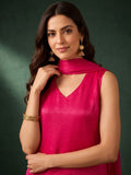 Rani Pink Solid V Neck Short Kurta With Farsi Salwar And Dupatta.