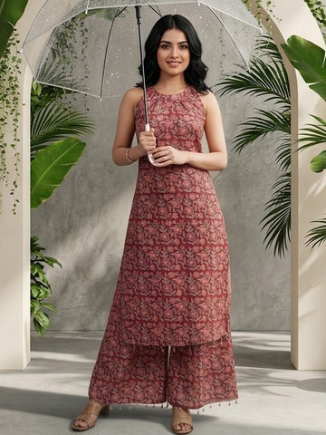 Rust Block-Style Print Kurta with Palazzo Pants