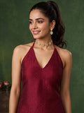 Women'S Wine-Red Jacquard Halter Neck Kurta And Palazzo Set For Festive Wear.