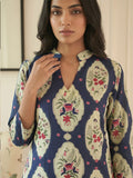 Navy Blue A-Line Kurta Set Featuring A Split Mandarin Collar