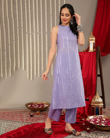 Varanga Women Lavender Lurex Kurta Set With Halter Neck