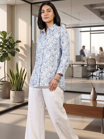 White Coloured Slim Collar Long Sleeves Floral Shirt
