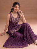 Round Neck Embroidered Kurta Set Featuring Zari And Sequin Work With Flared Palazzo And Embellished Dupatta