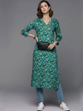 Varanga Women Turquoise Blue Floral Printed V-Neck Straight Kurta