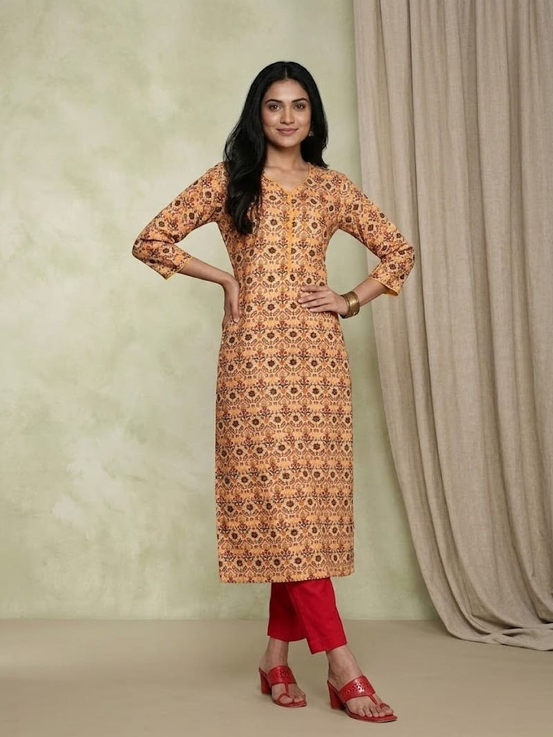 Varanga Yellow colour V neck allover print kurta
