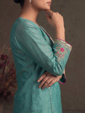 Teal Blue Silk-Blend Embroidered A-Line Kurta With Trousers