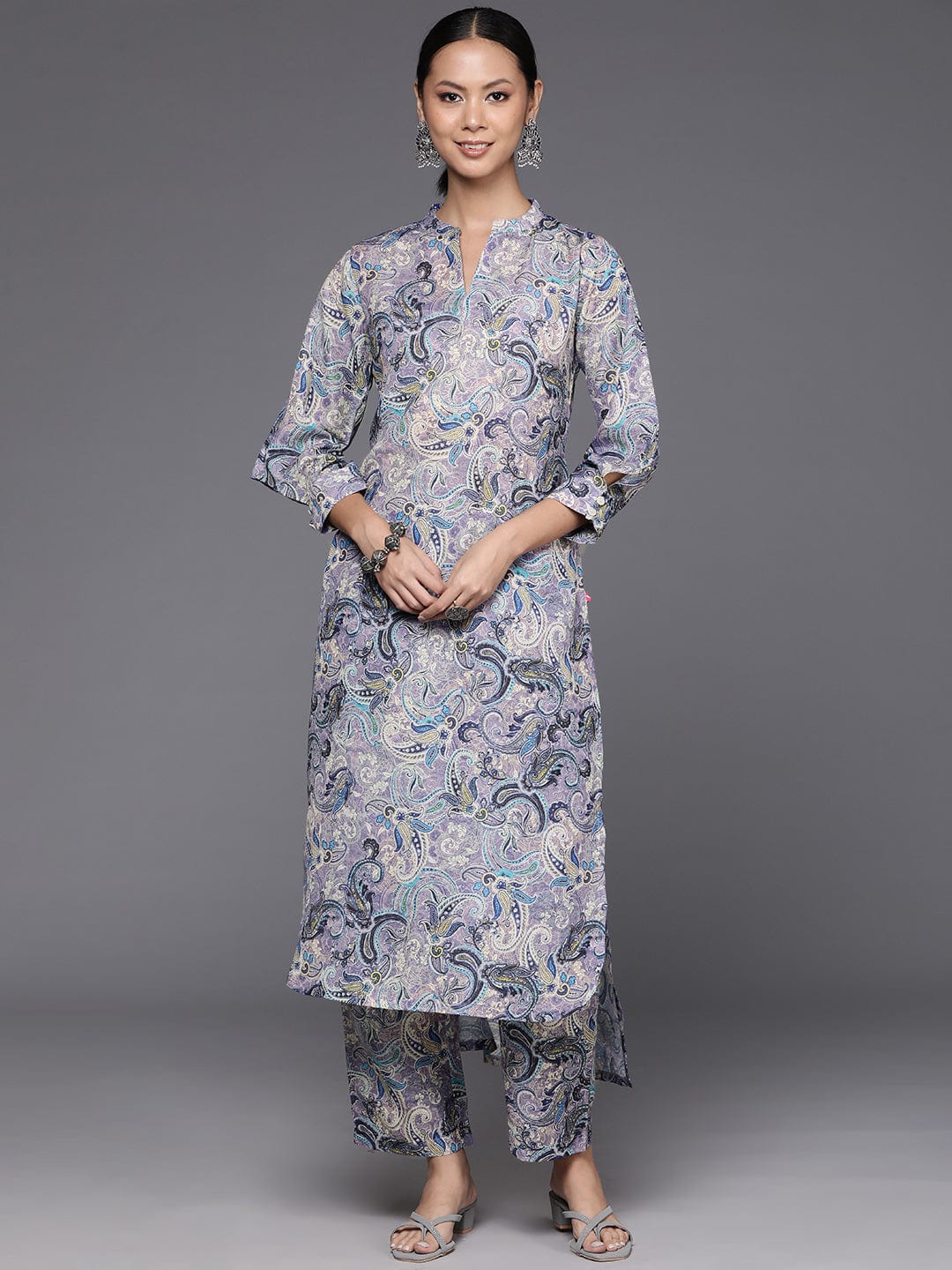 KSUT Women Lavender Printed Straight Kurta With Tonal Bottom