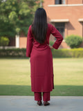 Solid straight-fit kurta with graceful embroidery and a round neckline, paired with full-length elasticated straight trousers.