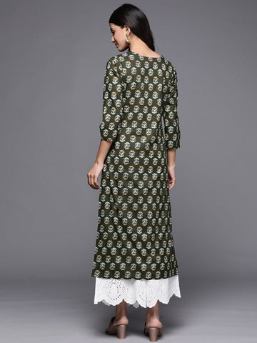 Varanga Olive Green Ethnic Motifs Printed Gotta Patti Straight Kurta with Button Detail