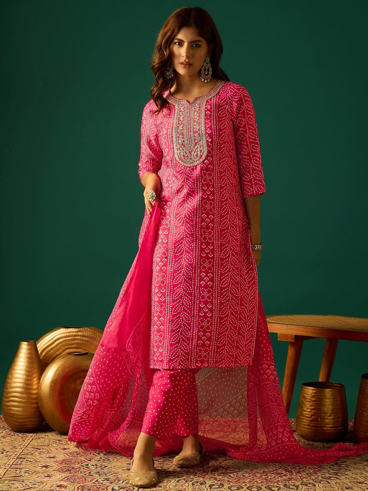 Kurta With Zari-Embroidered Yoke, Paired With Trousers And A Solid Lace-Detailed Dupatta