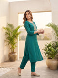 Purple 3-Piece Set With A Beadwork Yoke Kurta, Solid Trousers And Dupatta