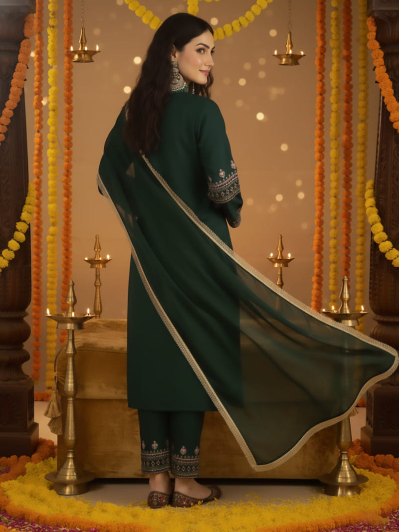Varanga Women Green Embroidered Straight Kurta Paired With Tonal Embroidered Bottom And With Tonal Chiffon Dotted Dupatta
